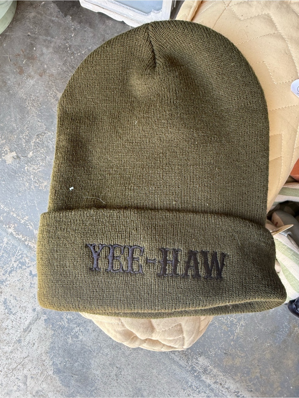 Yee-Haw Olive Green Knit Beanie
